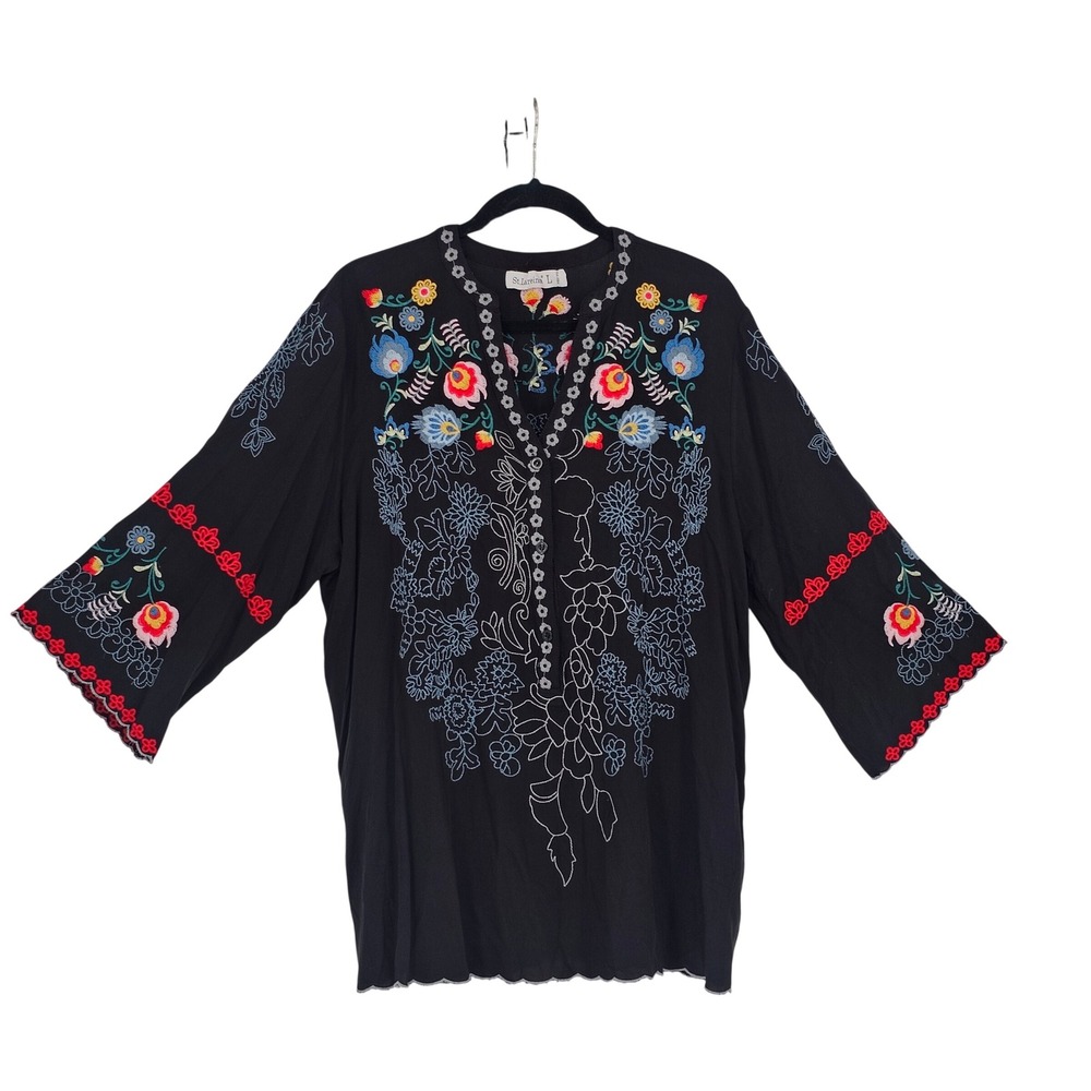 St. Lareina Embroidered Boho Tunic L Black Floral Peasant Cottagecore Hippie
